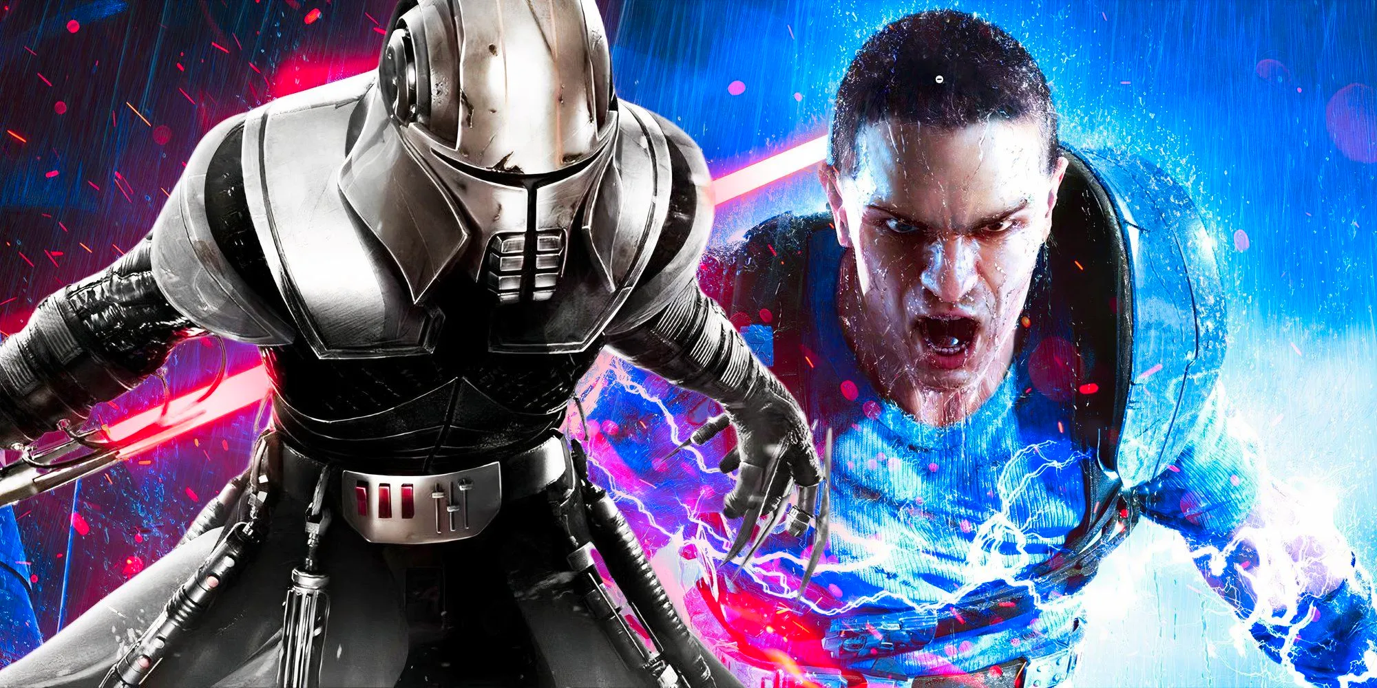 Galen Marek/Starkiller (Sam Witwer) in his full helmeted outfit, edited over him cast in lightning and letting out a battle cry. Image