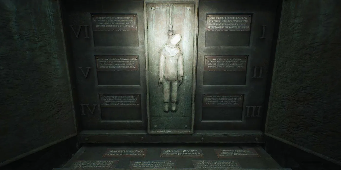 Gallows Puzzle Plaque in Silent Hill 2 Remake Picturing Figure with a Noose Image