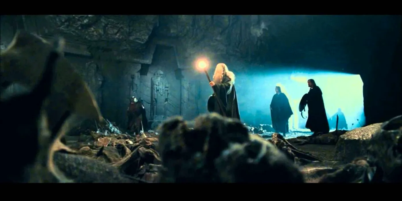 Gandalf leading the way to Balin's tomb in Moria from The Lord of the Rings Image