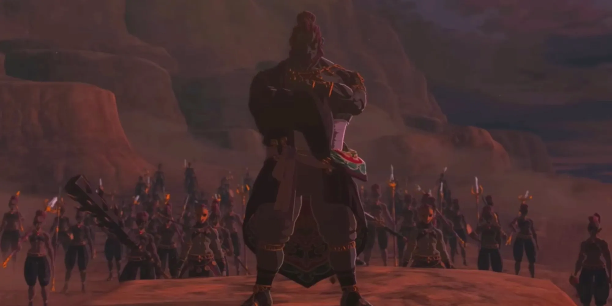 Ganondorf standing in front of Gerudo warriors. Image