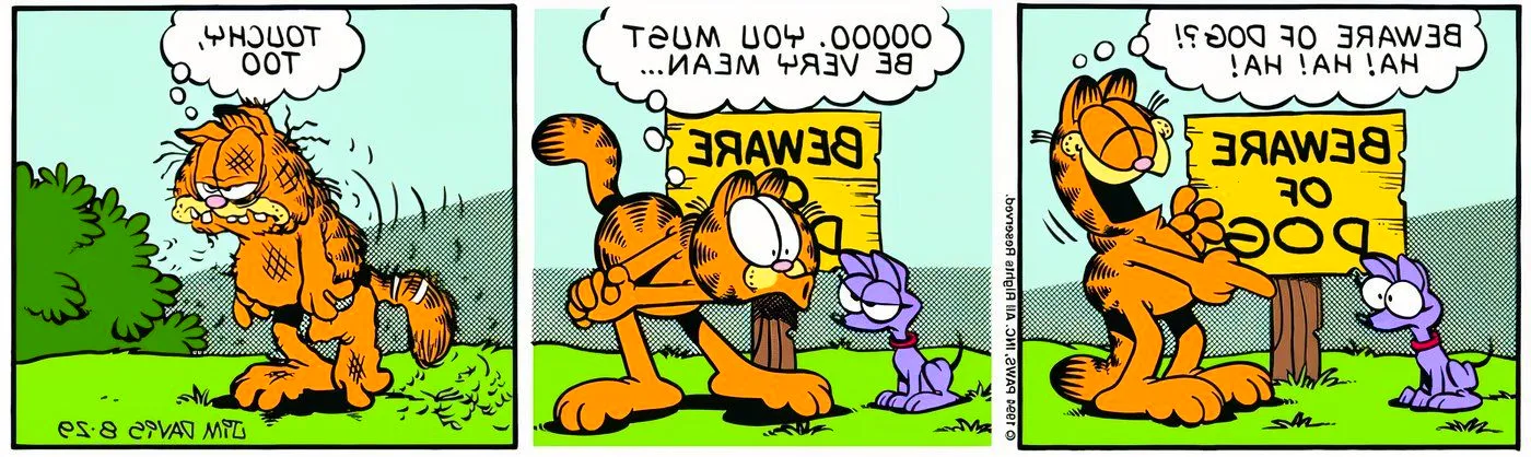 Garfield getting beat up by a small dog after he laughs at him. Image