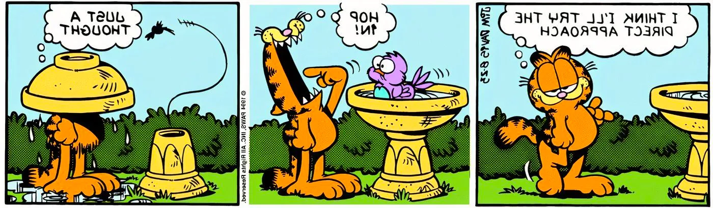 Garfield telling a bird to get in his mouth, and the bird flips a bird bath on his head. Image