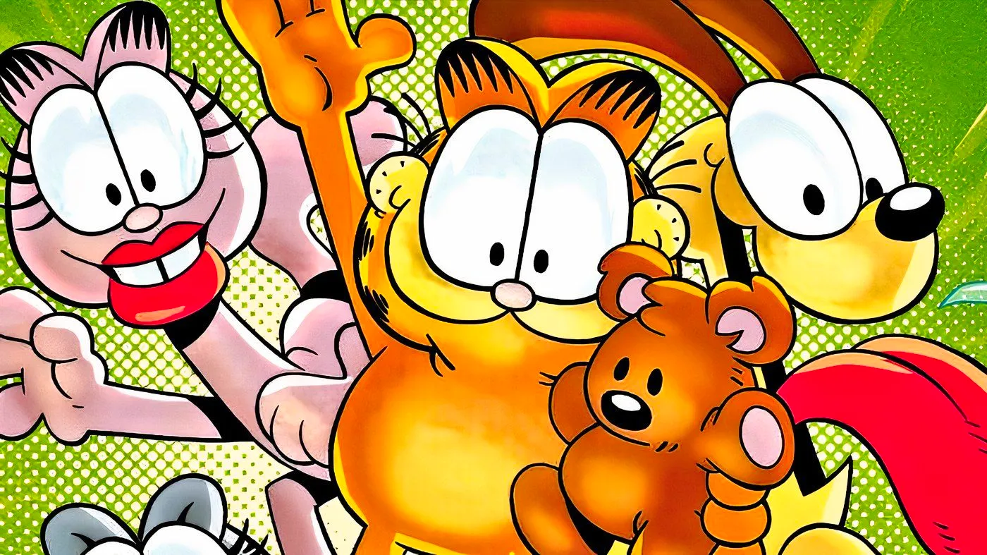 Garfield with Odie, Arlene, and Pooky the Teddy Bear. Image