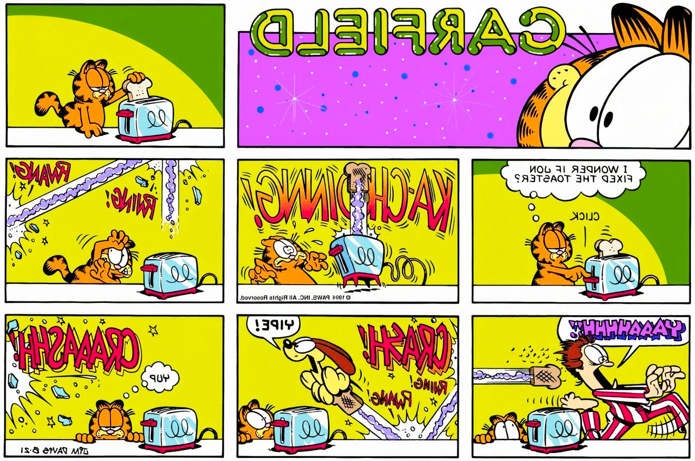 Garfield's toast flying out of the toaster and around the house.  Image