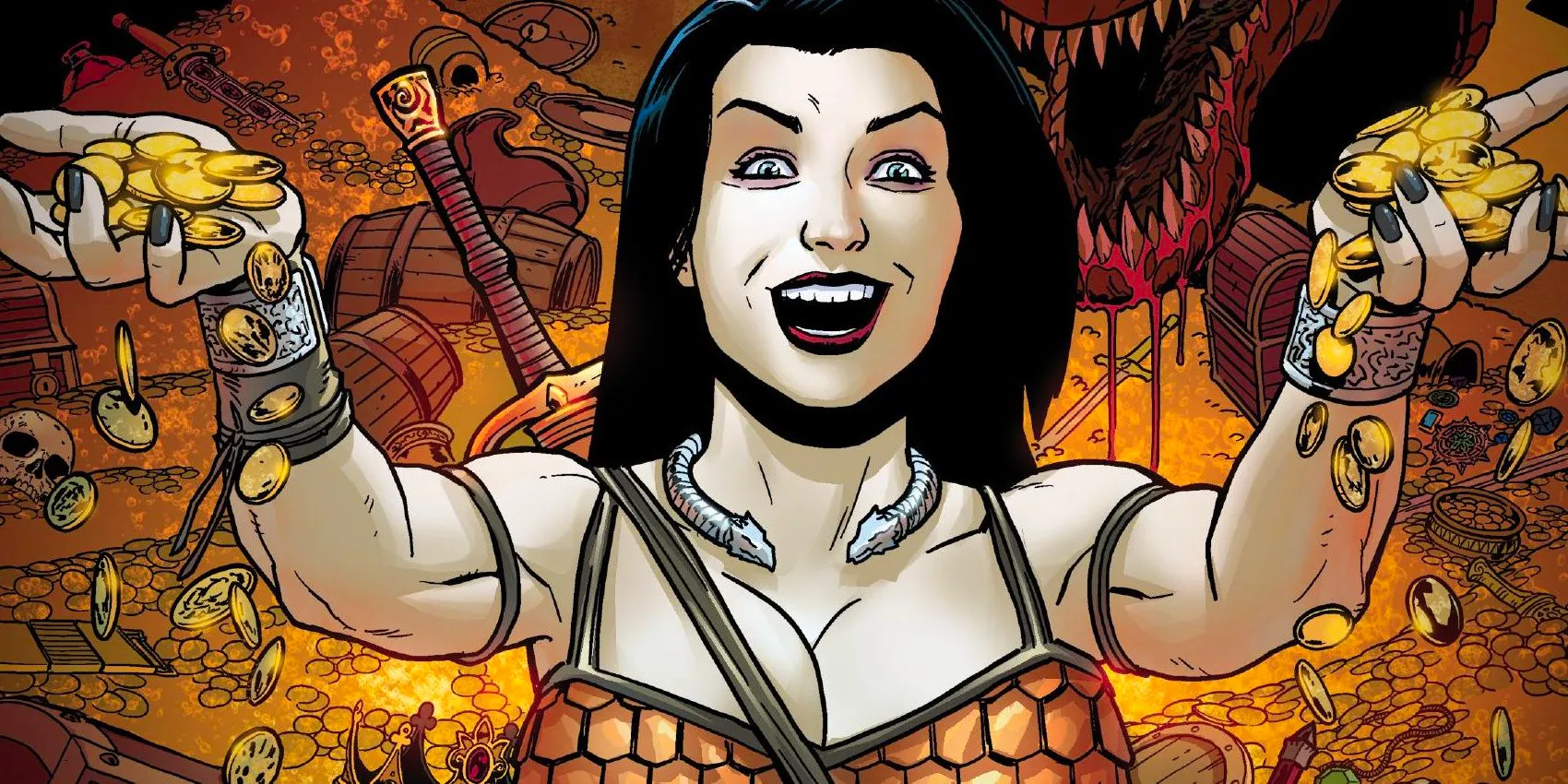 Garth Ennis' new series BABS, a sword & sorcery satire; protagonist surrounded by treasure Image