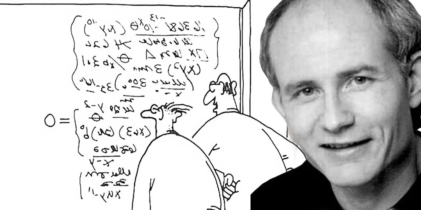 Gary Larson (left) and Far Side characters studying a complex formula (right) Image