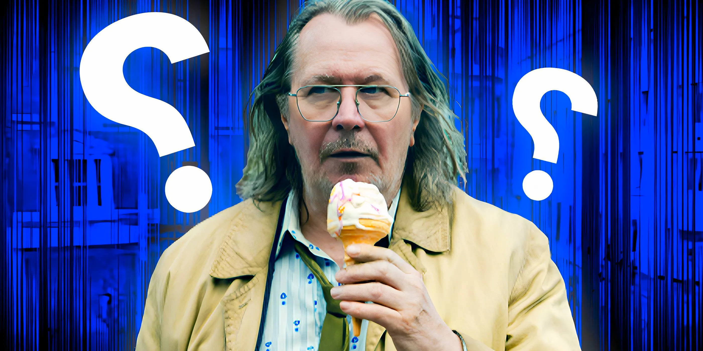 Gary Oldman as Jackson Lamb eating an ice cream and looking confused in Slow Horses season 3 with question marks in the background Image