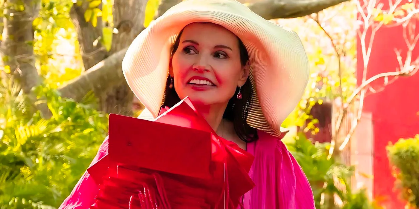 Geena Davis as Stacy clutching gift bags in Blink Twice Image