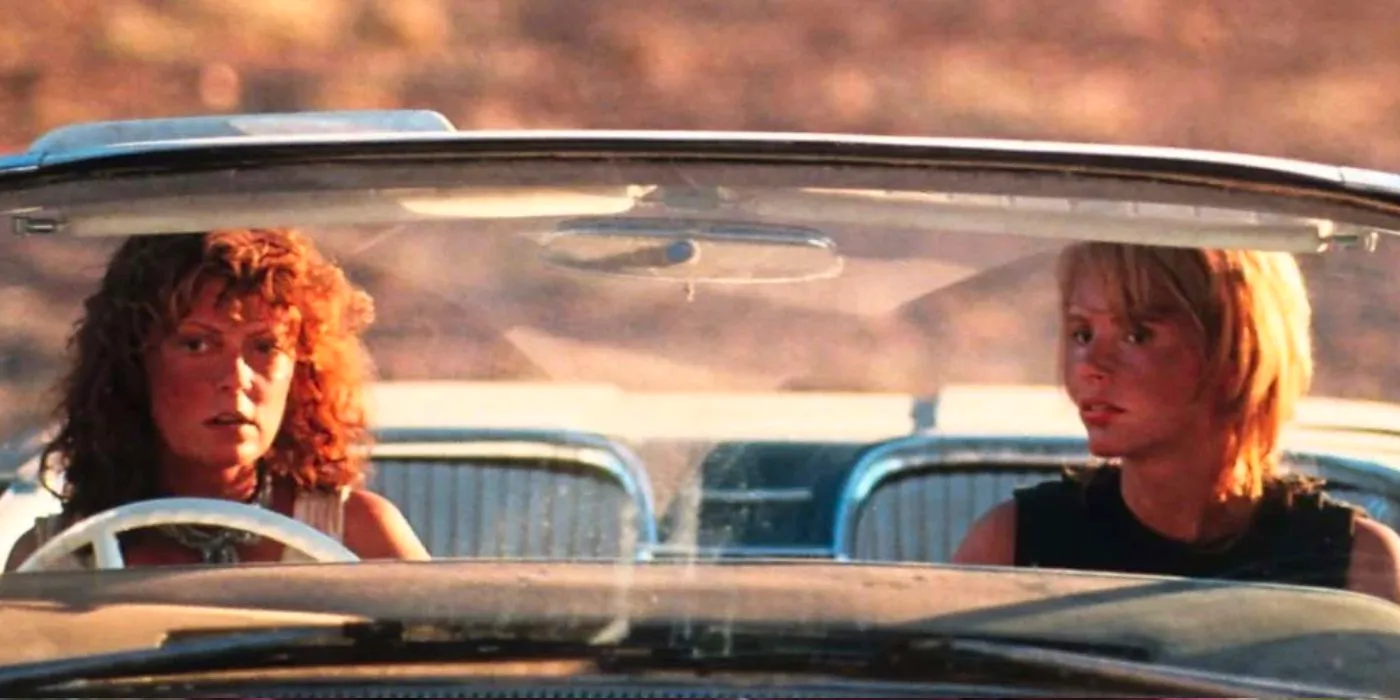 Geena Davis as Thelma and Susan Sarandon as Louise in the car at the end of Thelma and Louise Image