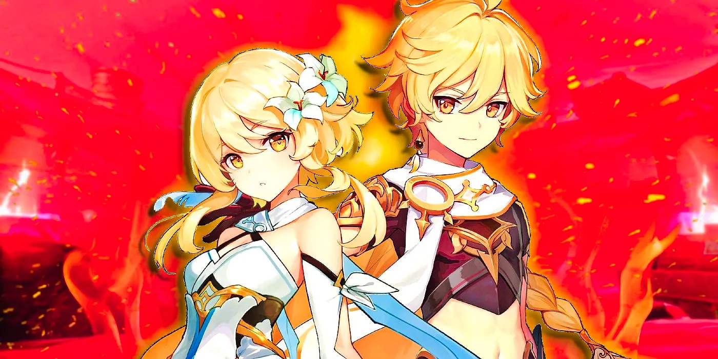 Genshin Impact's Aether and Lumine are next to each other, as flames blaze behind them. Image