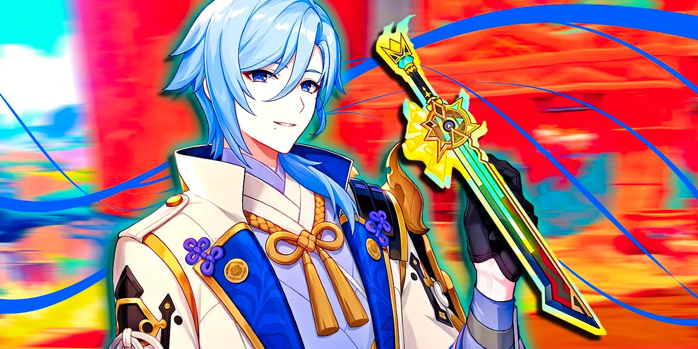 Genshin Impact's Ayato smiles while holding the Peak Patrol Song sword in Natlan. Image