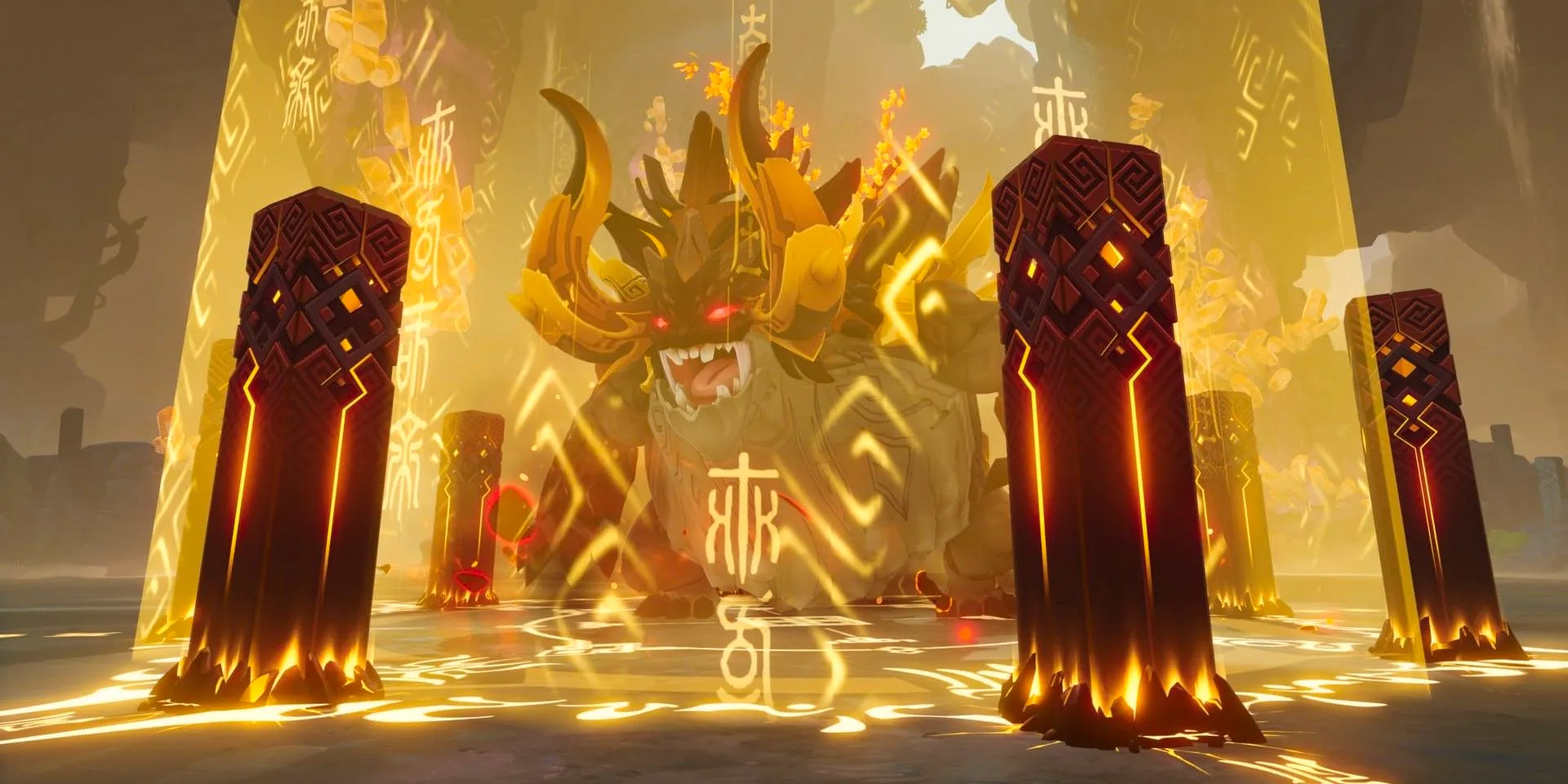 Genshin Impact's Azhdaha trapped by Morax's pillars beneath the Dragon Queller, in Liyue. Image