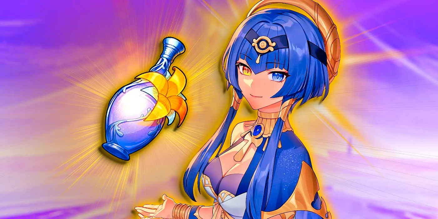 Genshin Impact's Candace smiles as she shows a bottle of Sanctifying Elixir. Image