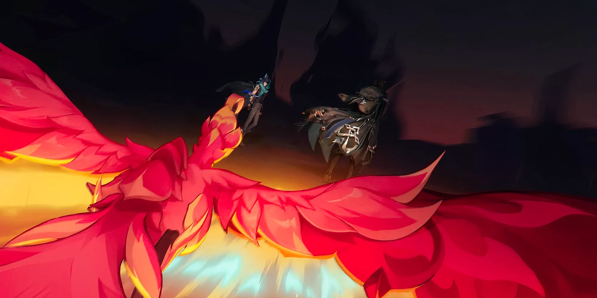 Genshin Impact's Capitano and Ororon are approached by a flaming phoenix. Image