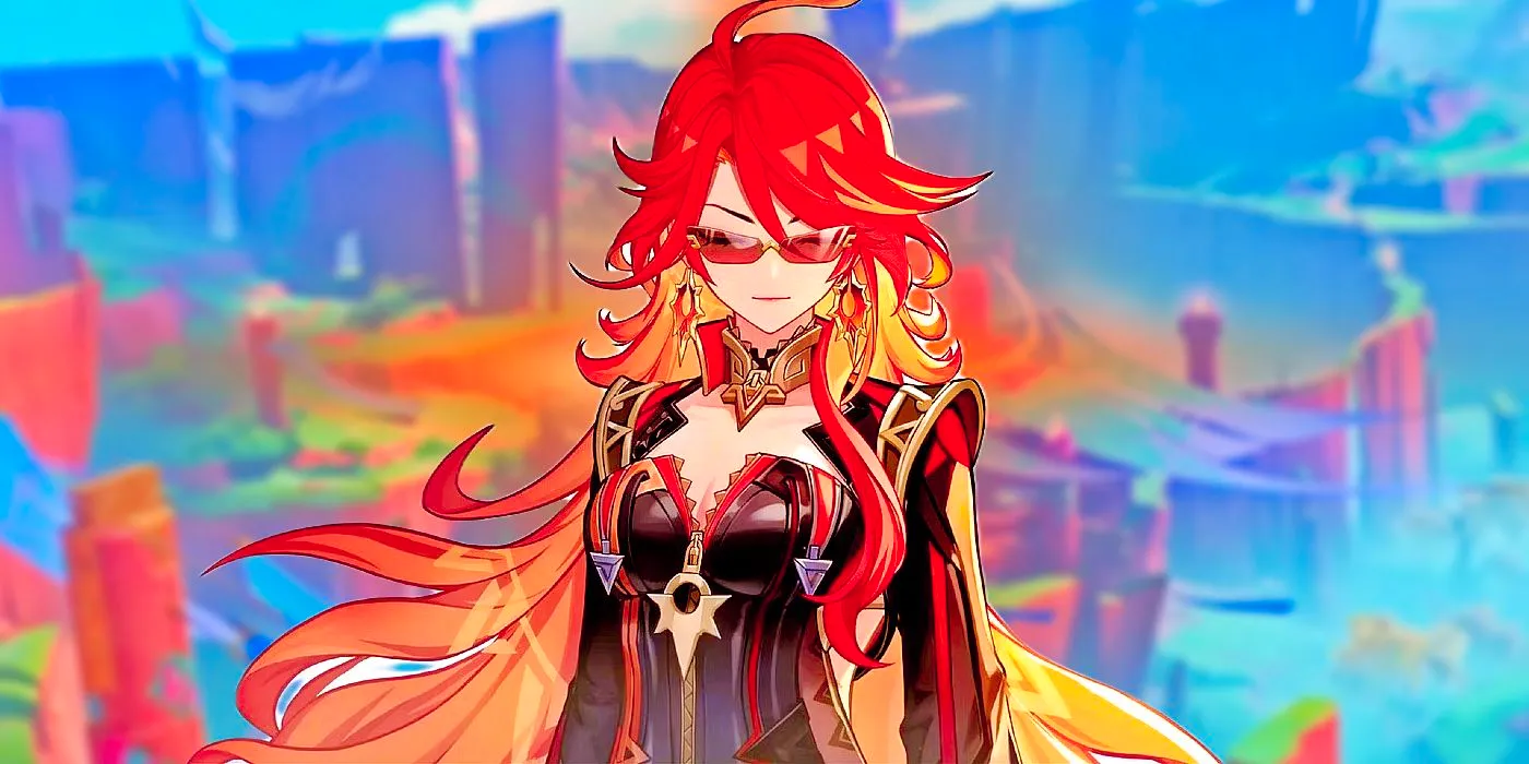 Genshin Impact's Mavuika has her eyes closed while wearing sunglasses. Natlan is in the background. Image