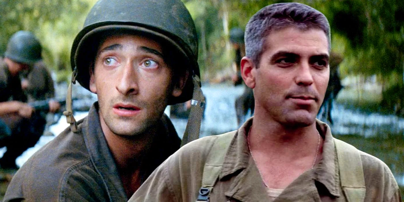 George Clooney and Adrien Brody as their respective characters in The Thin Red Line. Image