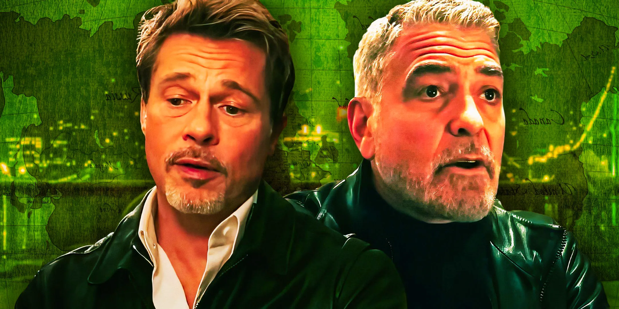 George Clooney as Margaret's Man and Brad Pitt as Pam's Man in Wolfs against the city of New York tinted green Image