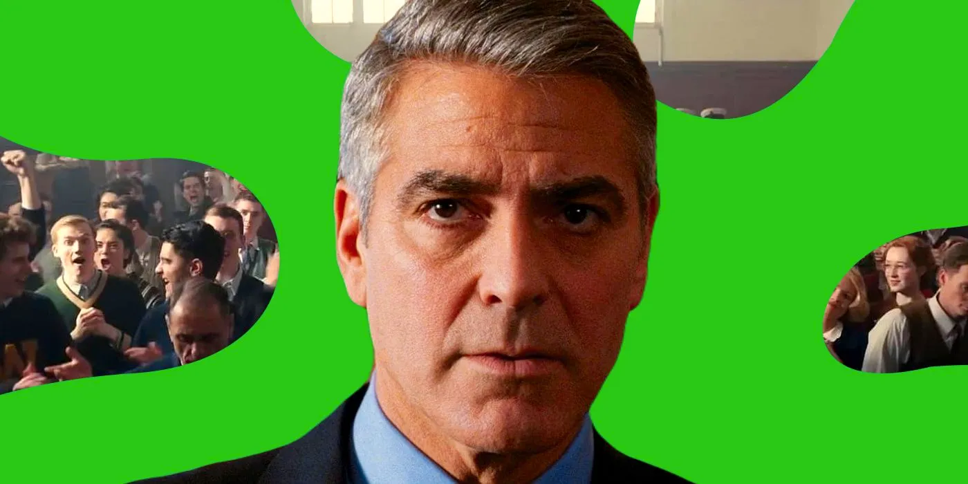 George Clooney from The Ides of March in Front of a Rotten Tomatoes Splat with a The Boys in the Boat Background Image