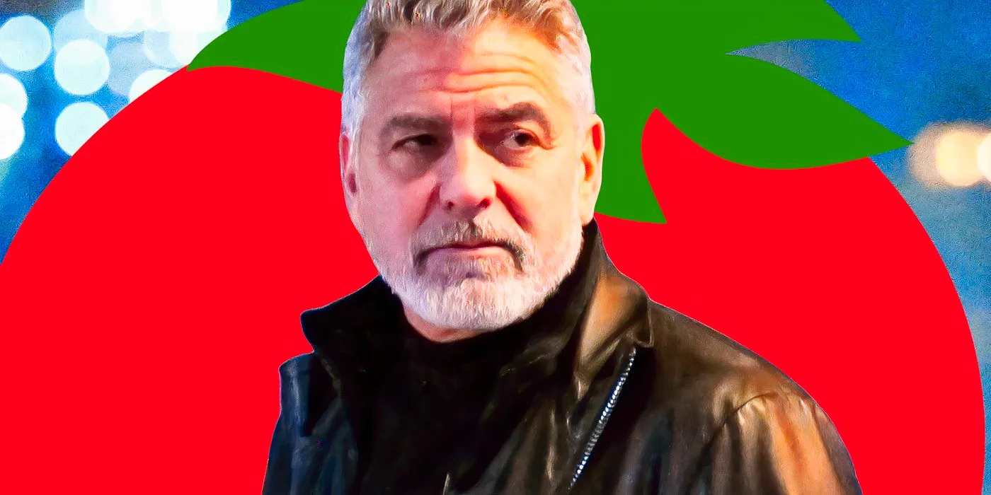 George Clooney from Wolfs in Front of the Rotten Tomatoes Logo Image