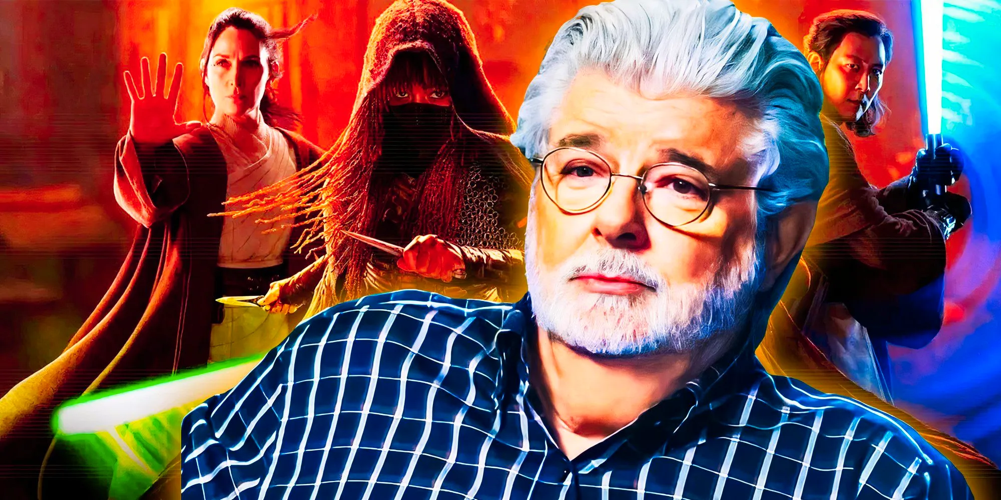 George Lucas, edited in front of The Acolyte posters of Master Sol (Lee Jung-jae), Mae (Amandla Stenberg), and Master Indara (Carrie-Anne Moss) Image