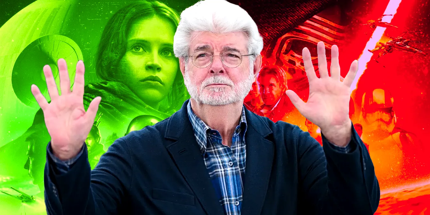 George Lucas holding up his hands with a red-tinted Force Awakens poster in the left background and a green-tinted Rogue One poster in the right background. Image