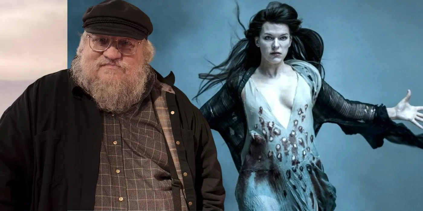 George RR Martin In The Lost Lands and Mila Jovovich in a movie with her arms out Image