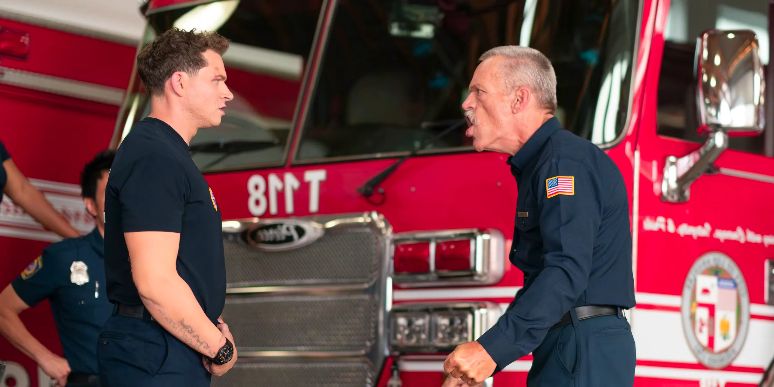 Gerrard (Brian Thompson) yelling at Buck (Oliver Stark) in 9-1-1 Image