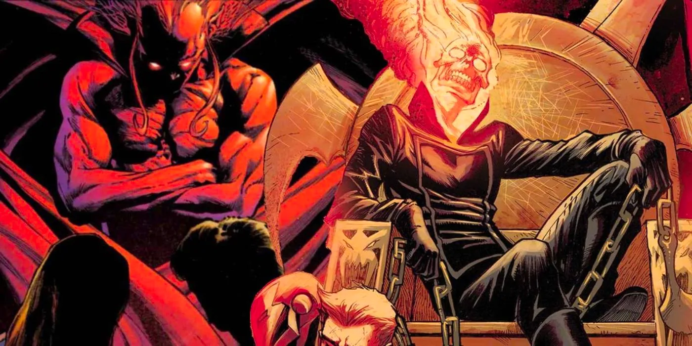 Ghost Rider sitting on a throne (left) with Mephisto looming behind him (right.) Image