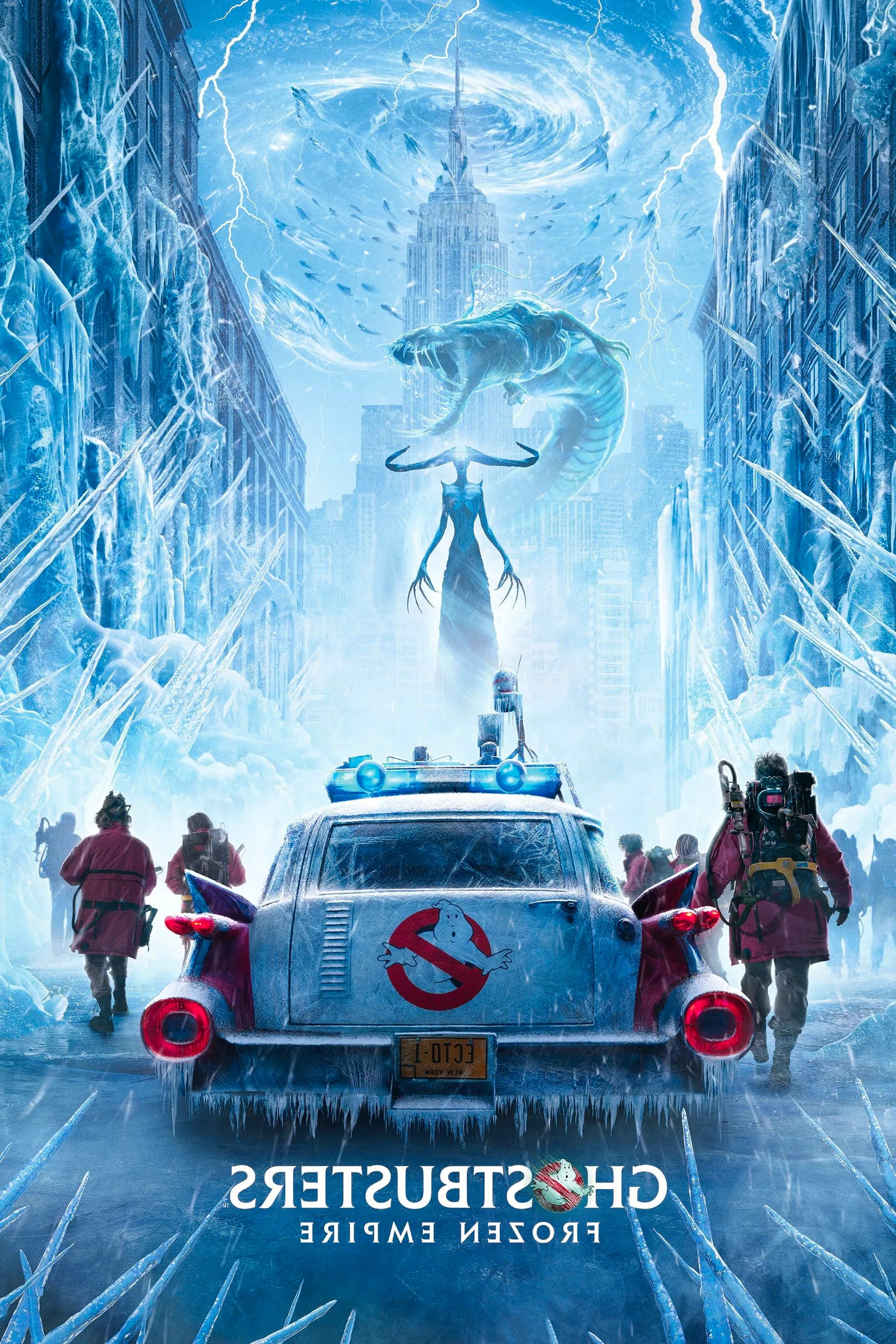 Ghostbusters Frozen Empire Poster Featuring the Crew Steppingout of Ecto 1 and Facing Ice Creatures in New York Image