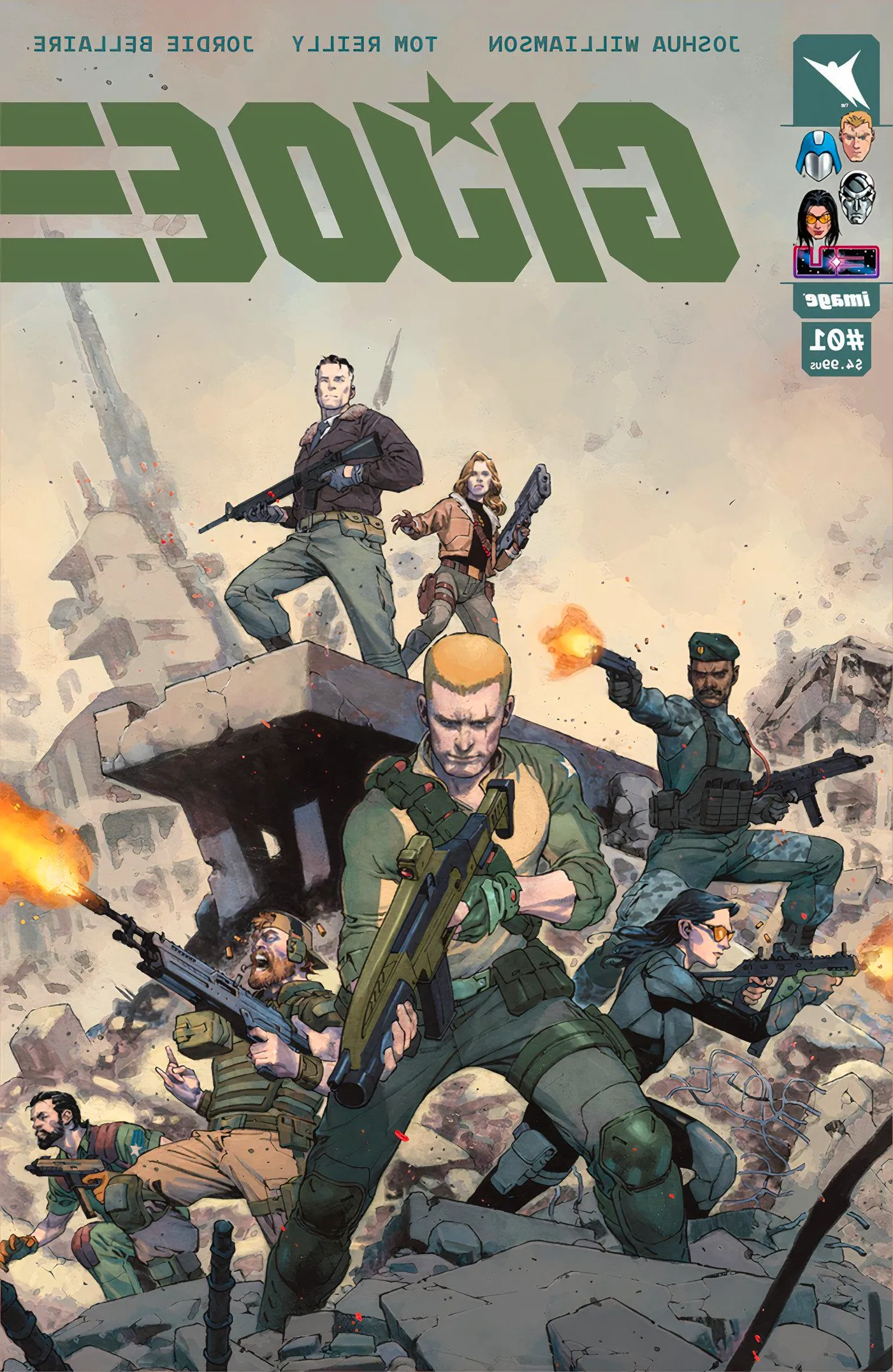 G.I. Joe #1 cover, the Joe team traverses a battle-torn landscape Image