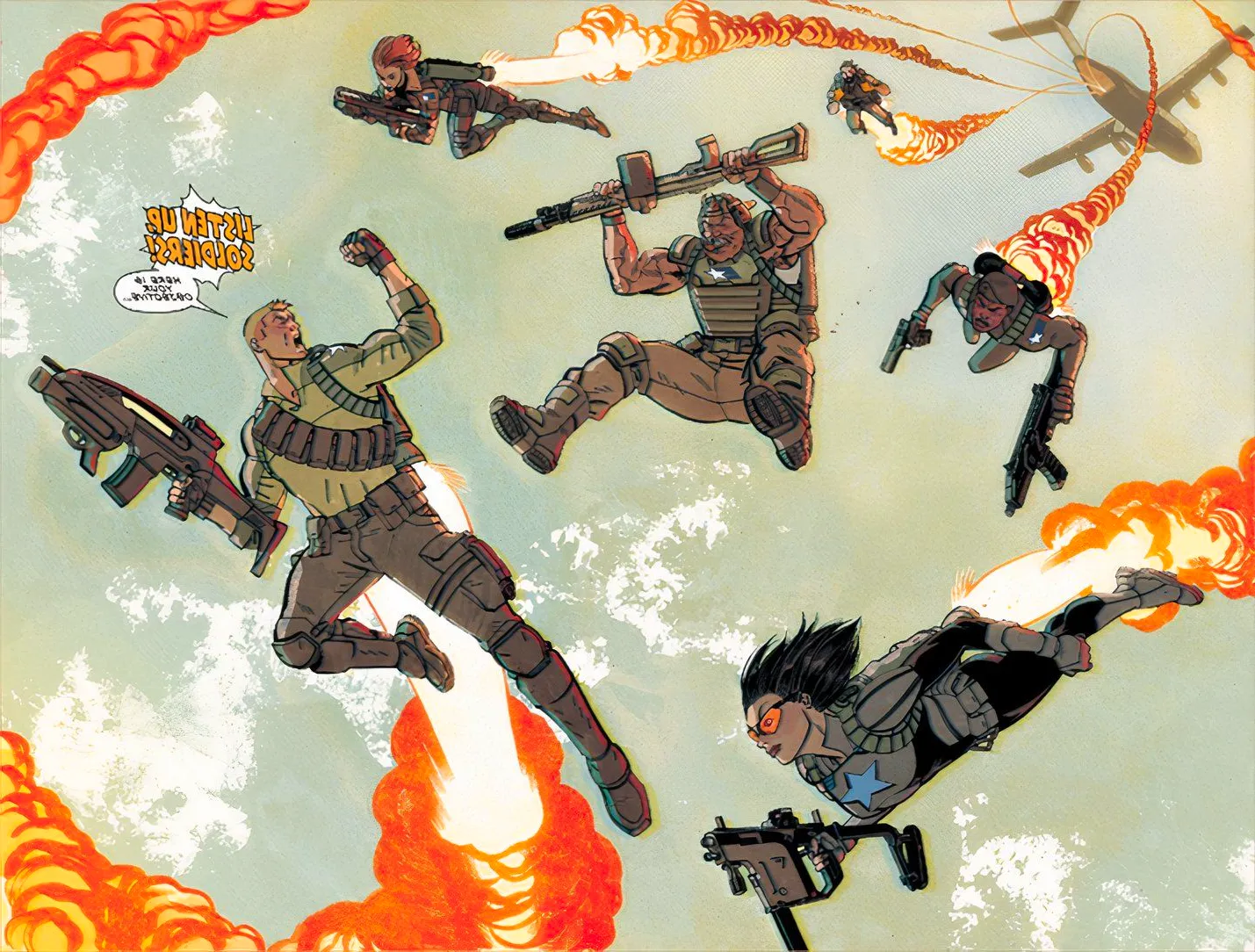 G.I. Joe #1, the newly assembled Joe team jetpacks into battle. Image