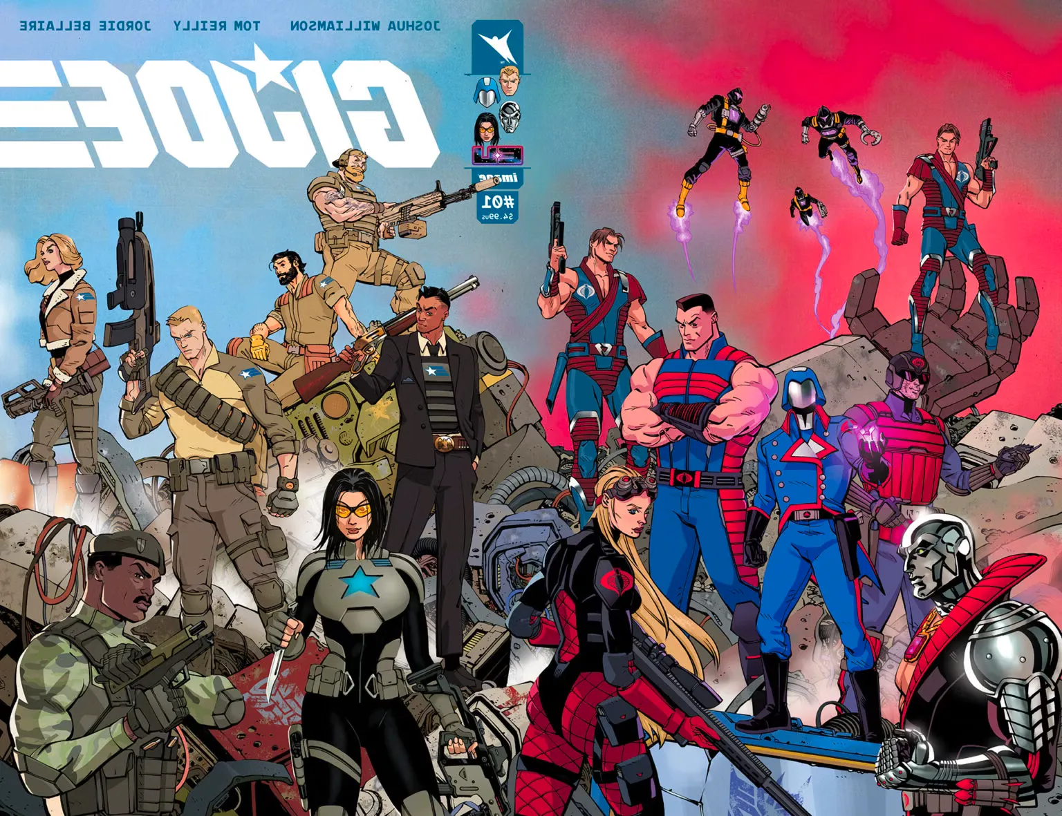 G.I. Joe #1 wraparound cover, the assembled Joes & Cobra in the Energon Universe. Image