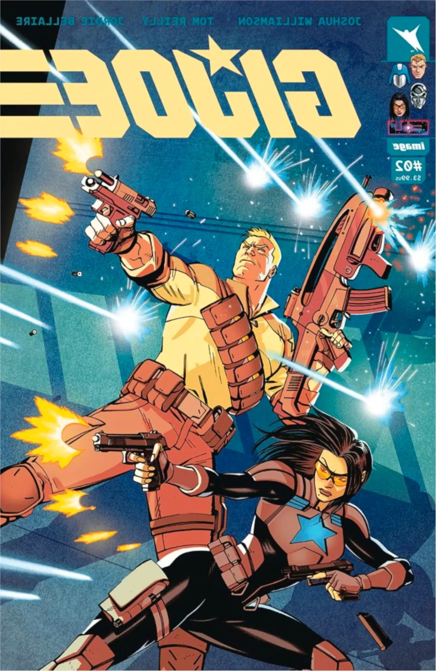 G.I. Joe #2 cover, Duke & Baroness fire their guns at an off-page target. Image