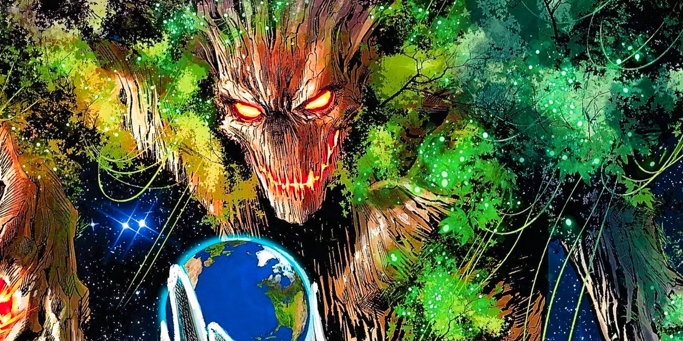 Giant Groot bigger than the Earth looming over the planet. Image