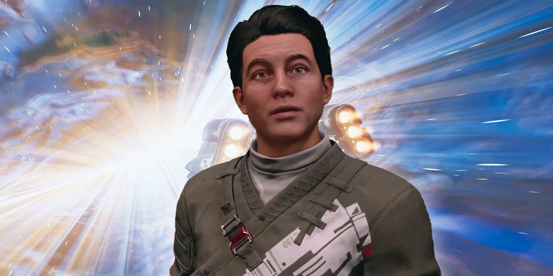 Gideon Aker looking surprised with a spaceship in the background.  Image