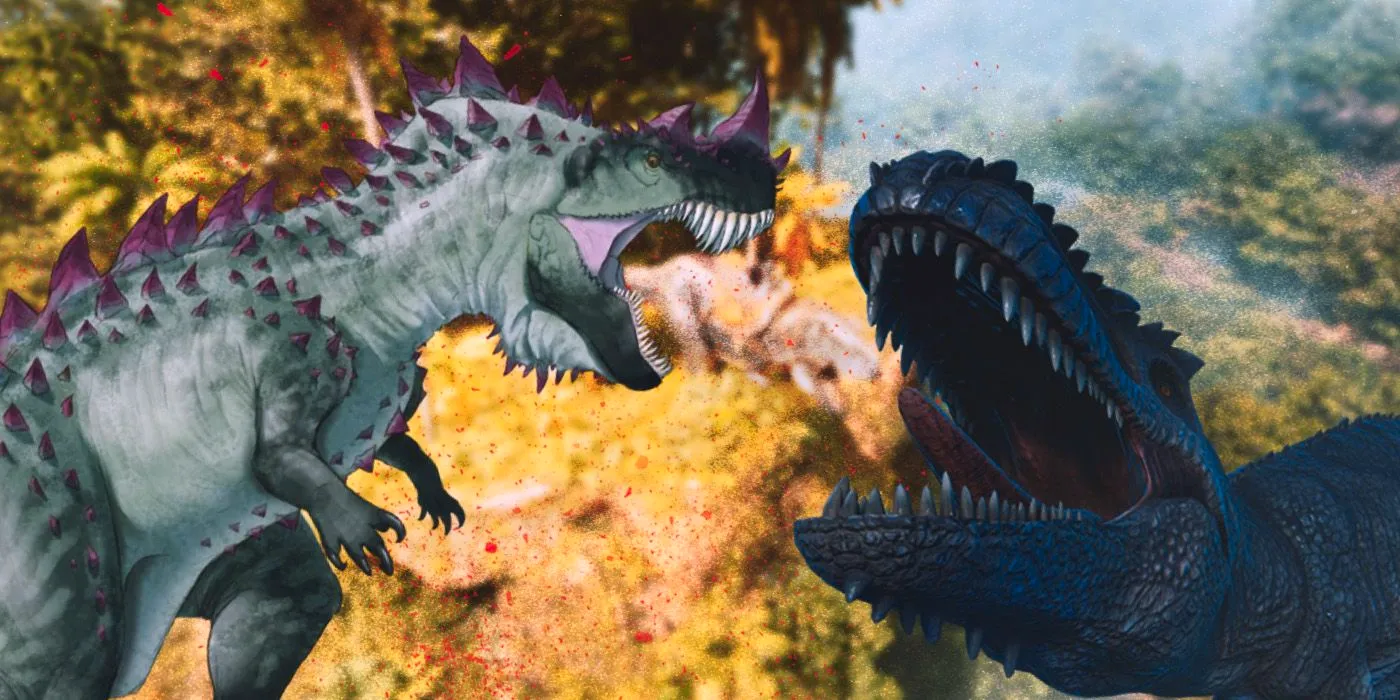 Giganotosaurus and Ceratosaurus from Ark Survival Ascended roar at each other with a T Rex in the background Image