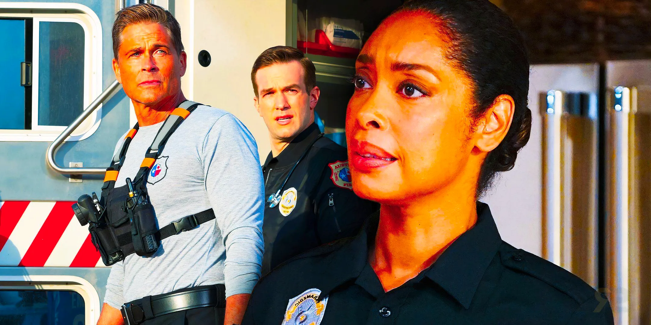 Gina Torres as Tommy Vega, Ronen Rubinstein as TK Strand, and Rob Lowe as Owen Strand in 9-1-1: Lone Star. Image