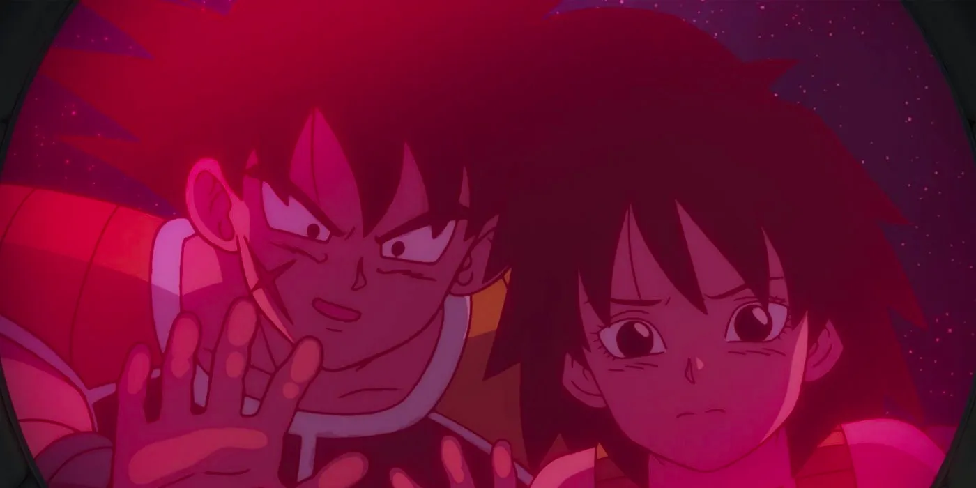 Gine (left) and Bardock (right) bid farewell to young Kakarot. Image