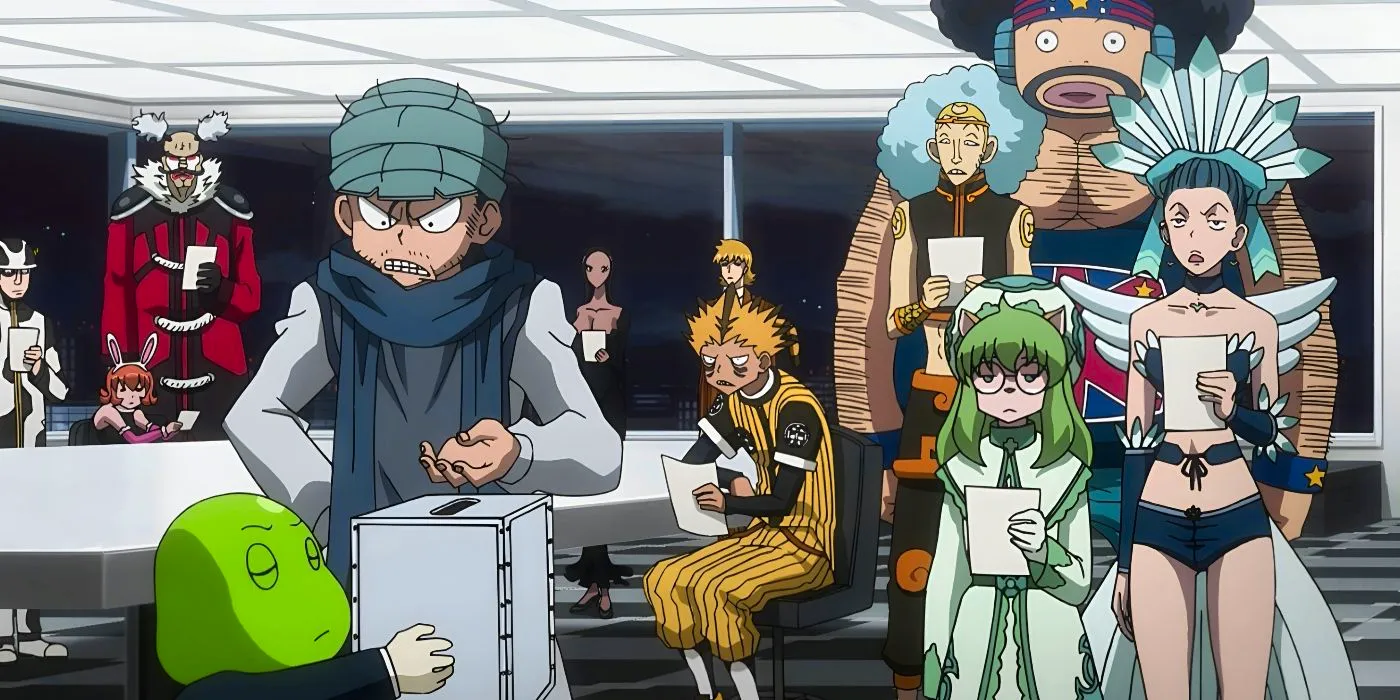 Ging is angry at Beans for not allowing him to see the ballots containing ideas for the 13th Chairman election as the Zodiacs watch in Hunter x Hunter. Image