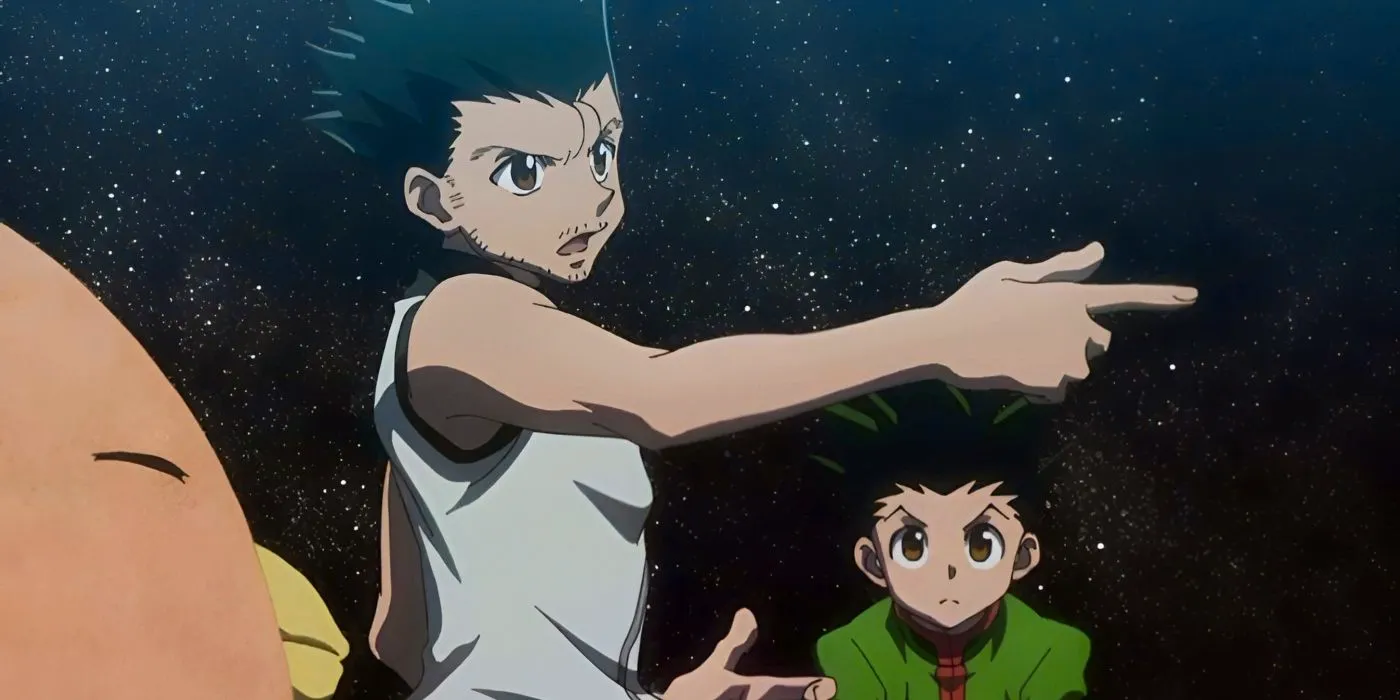 Ging tells Gon about his journey as a Hunter and explains that the journey is more important than the destination as they sit atop the World Tree in Hunter x Hunter. Image