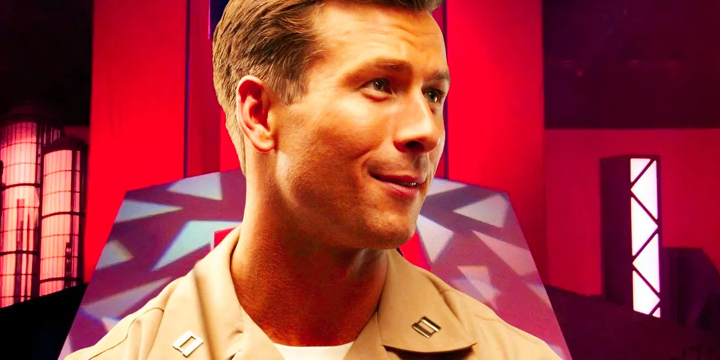 Glen Powell from Top Gun Maverick in Front of a Running Man Background Image