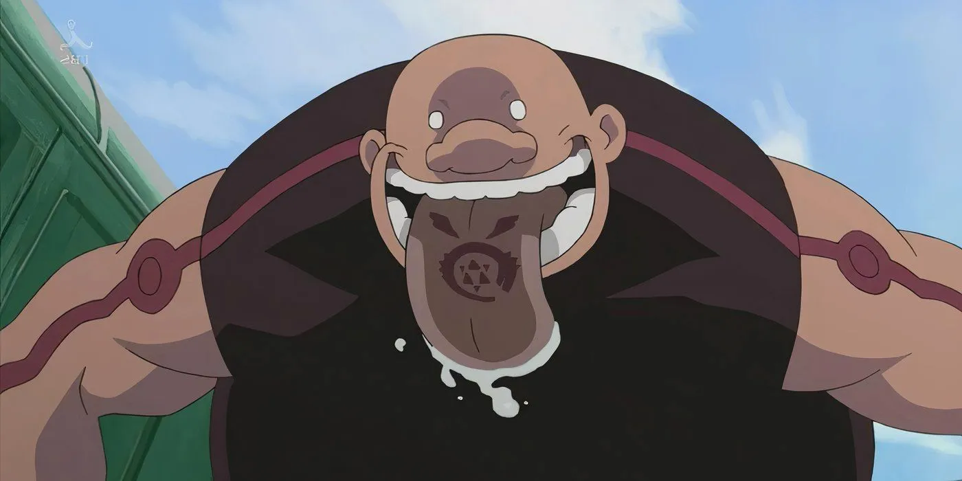 Gluttony grinning and sticking out his tongue with the ouroboros symbol Image