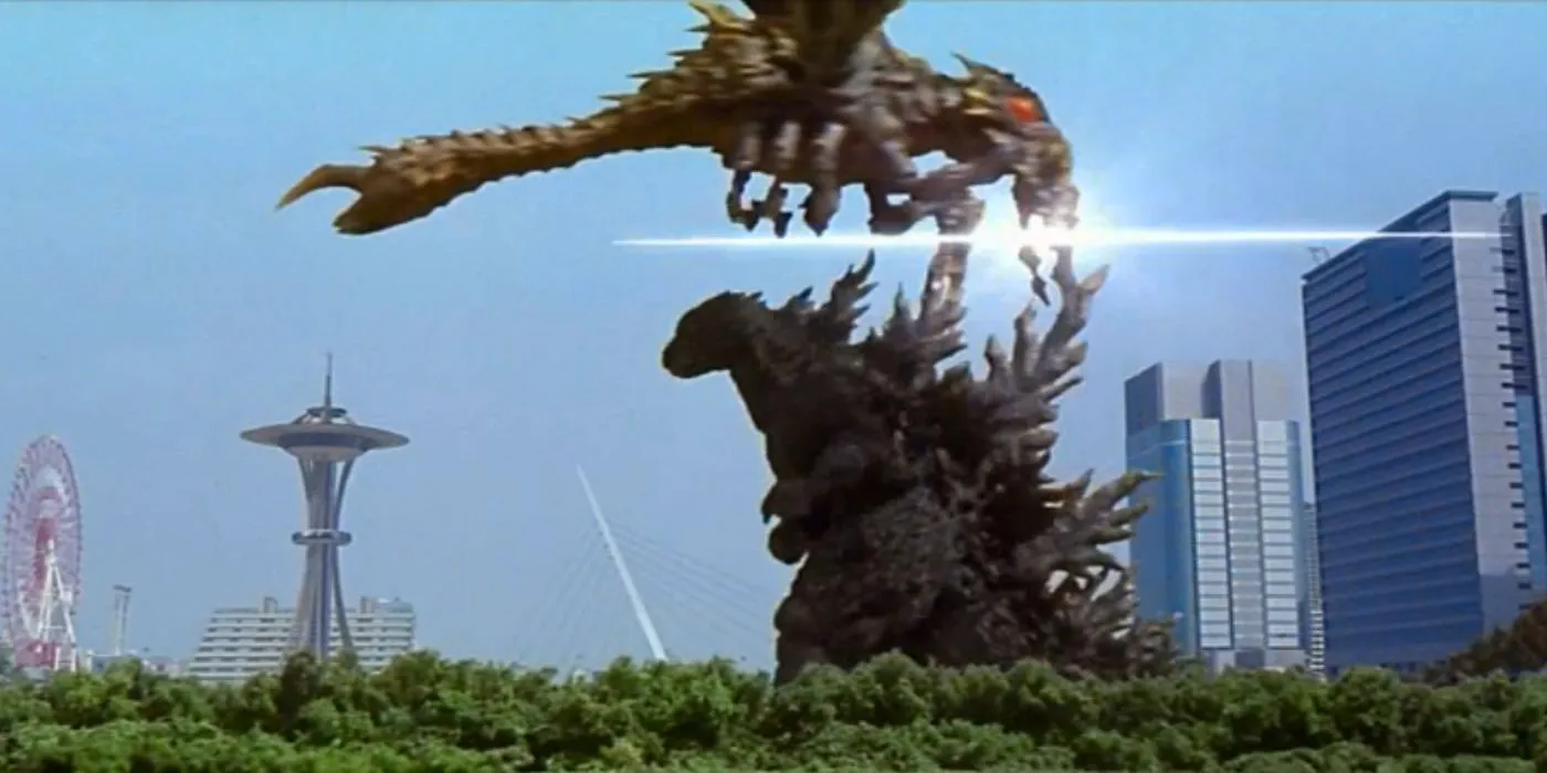 Godzilla slices Megaguirus with his dorsal plate in Godzilla vs. Megaguirus Image