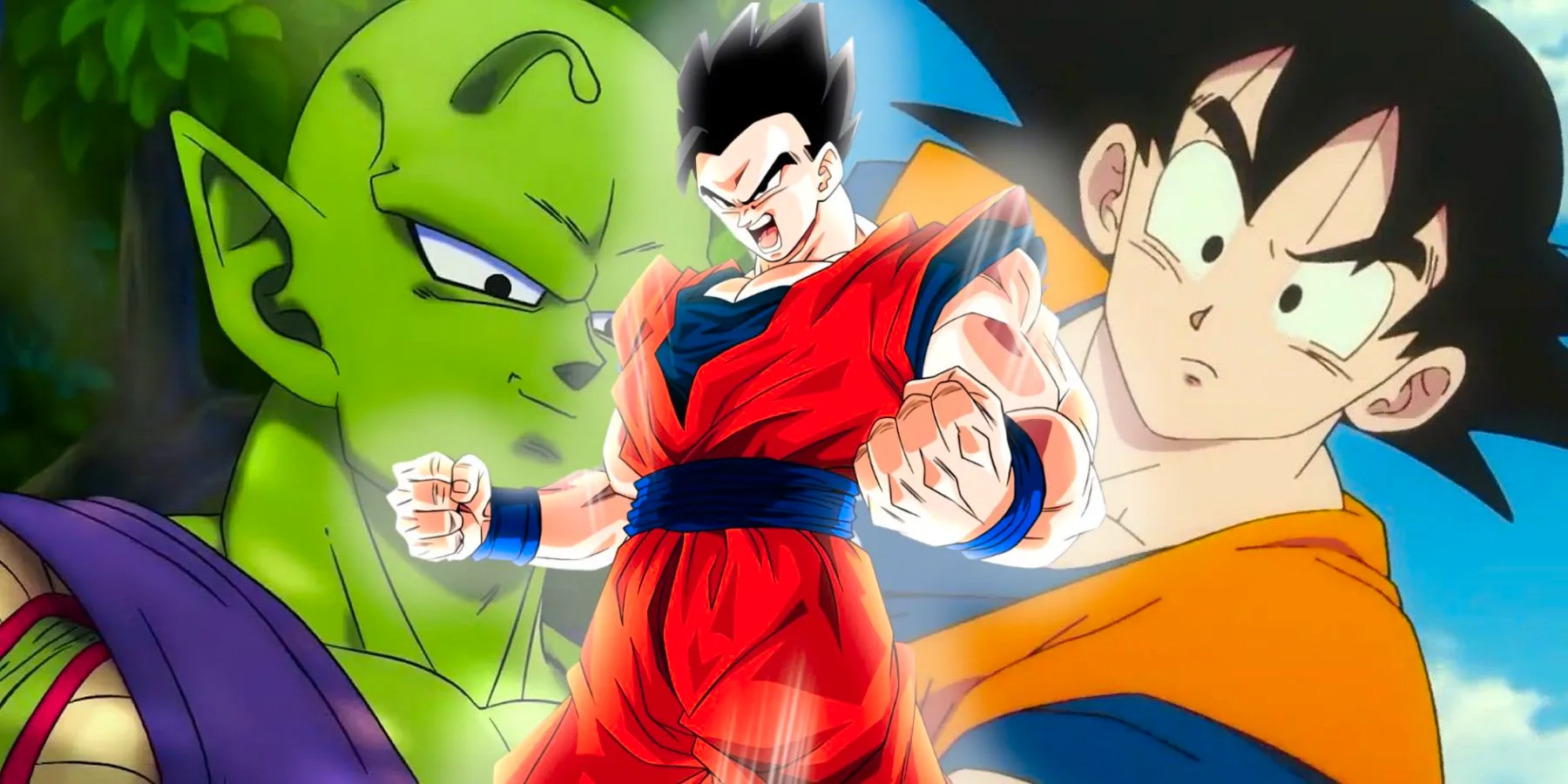 Gohan in the center powering up as Goku and Piccolo looking at him confused in a collage type image Image