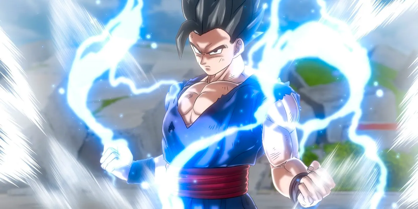 Gohan prepares for battle as blue sparks flow from his body. Image