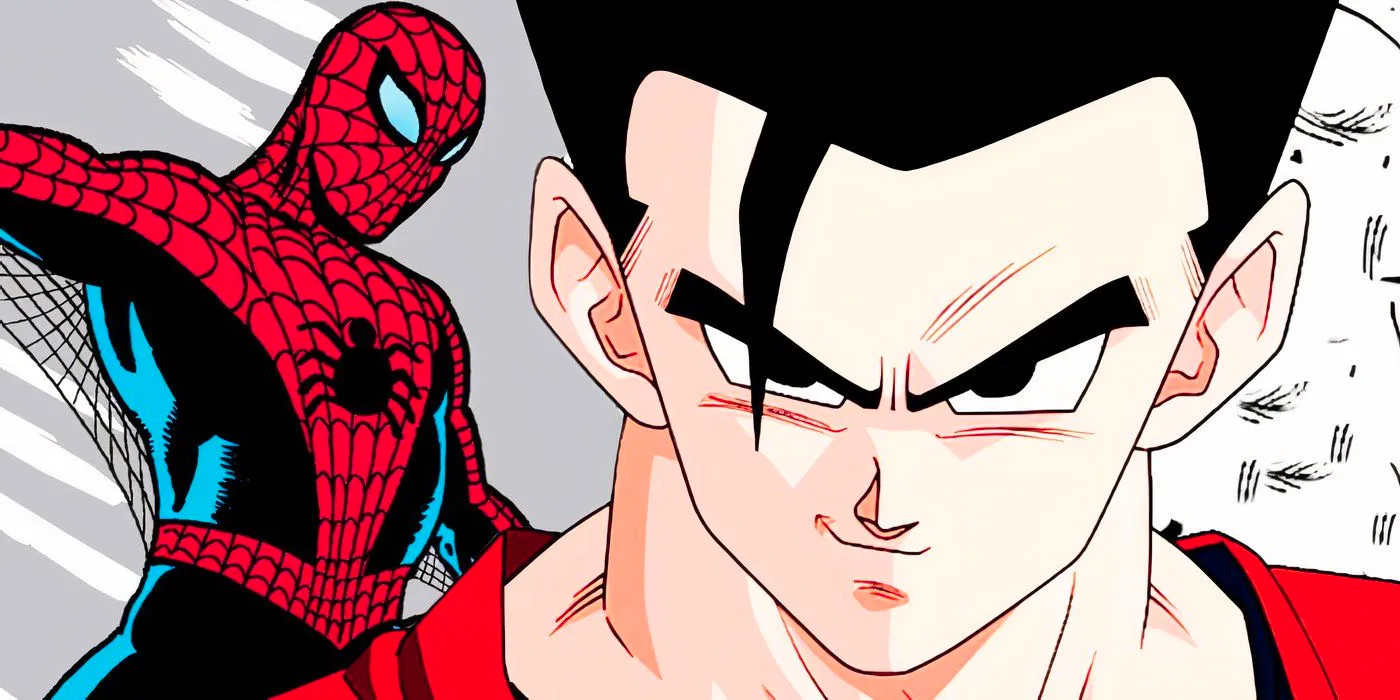 Gohan smirking to the left and Spider-Man swinging from his first appearance to the right Image