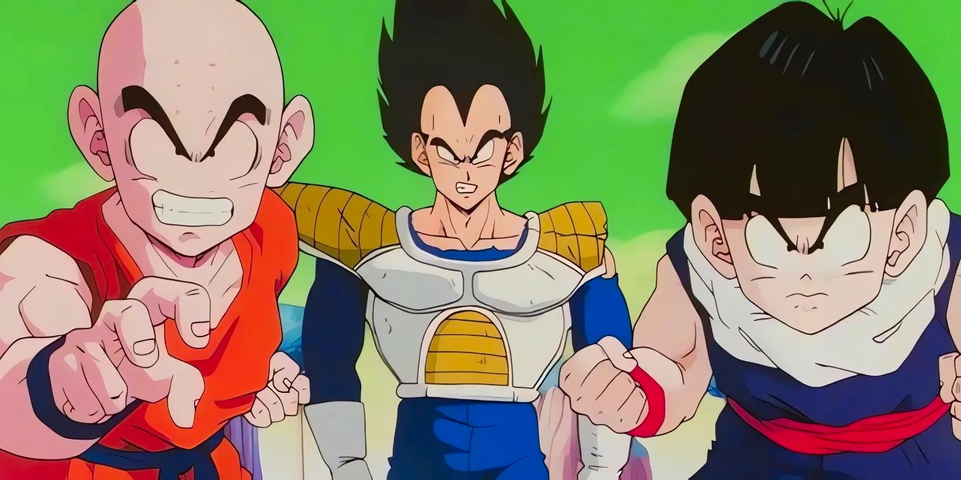 Gohan, Vegeta, and Krillin prepared to fight an opponent while on Planet Namek.  Image