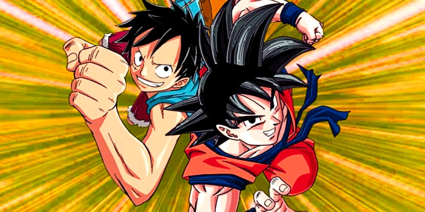 Goku and Luffy jumping towards the screen together Image