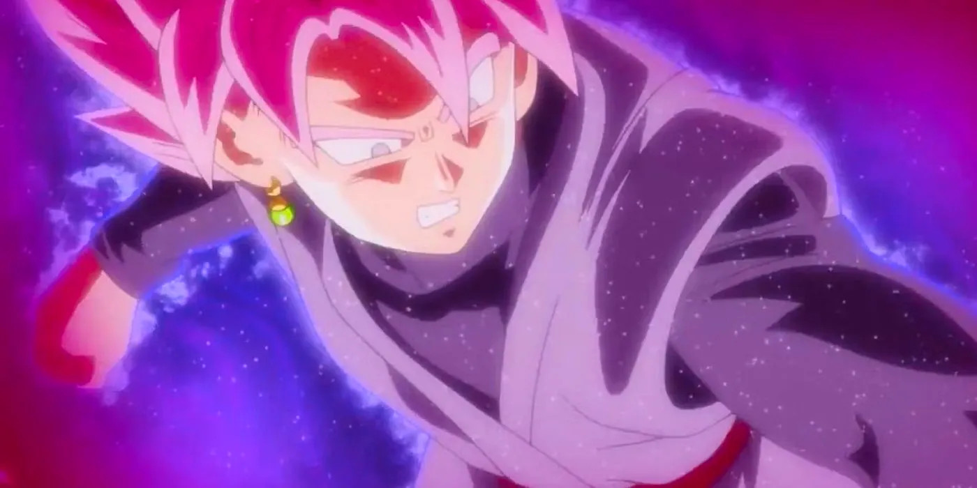 Goku Black in Rose form looking worried as he fights Vegeta.  Image