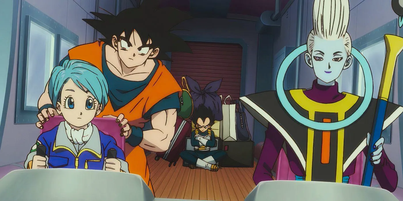 Goku, Bulma, Whis, and Vegeta riding in a ship in search of the Dragon Balls in the Broly movie. Image